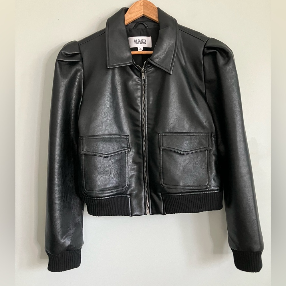 BB DAKOTA Steve Madden Black Faux Leather Puff Sleeve Bomber Jacket Size L